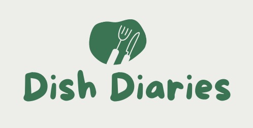 Logo of Dish Diaries. A green icon of a fork and knife and text that reads Dish Diaires