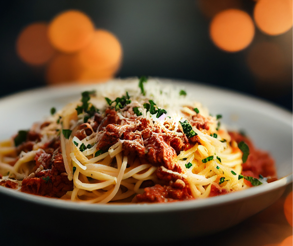 A close up of a bowl of Spaghetti Bolognese